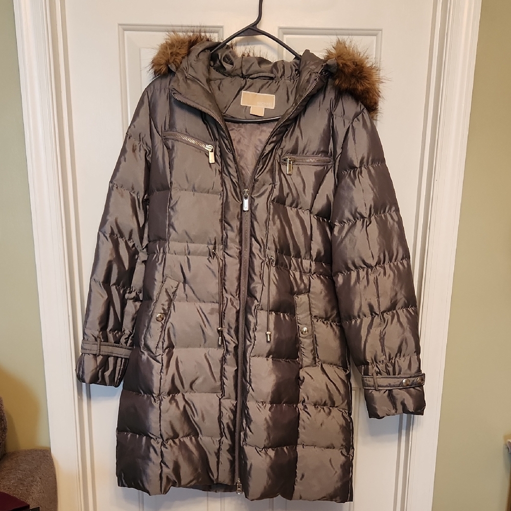 MICHAEL Michael Kors Shiny Brown Puffer Coat with Fur Hood
